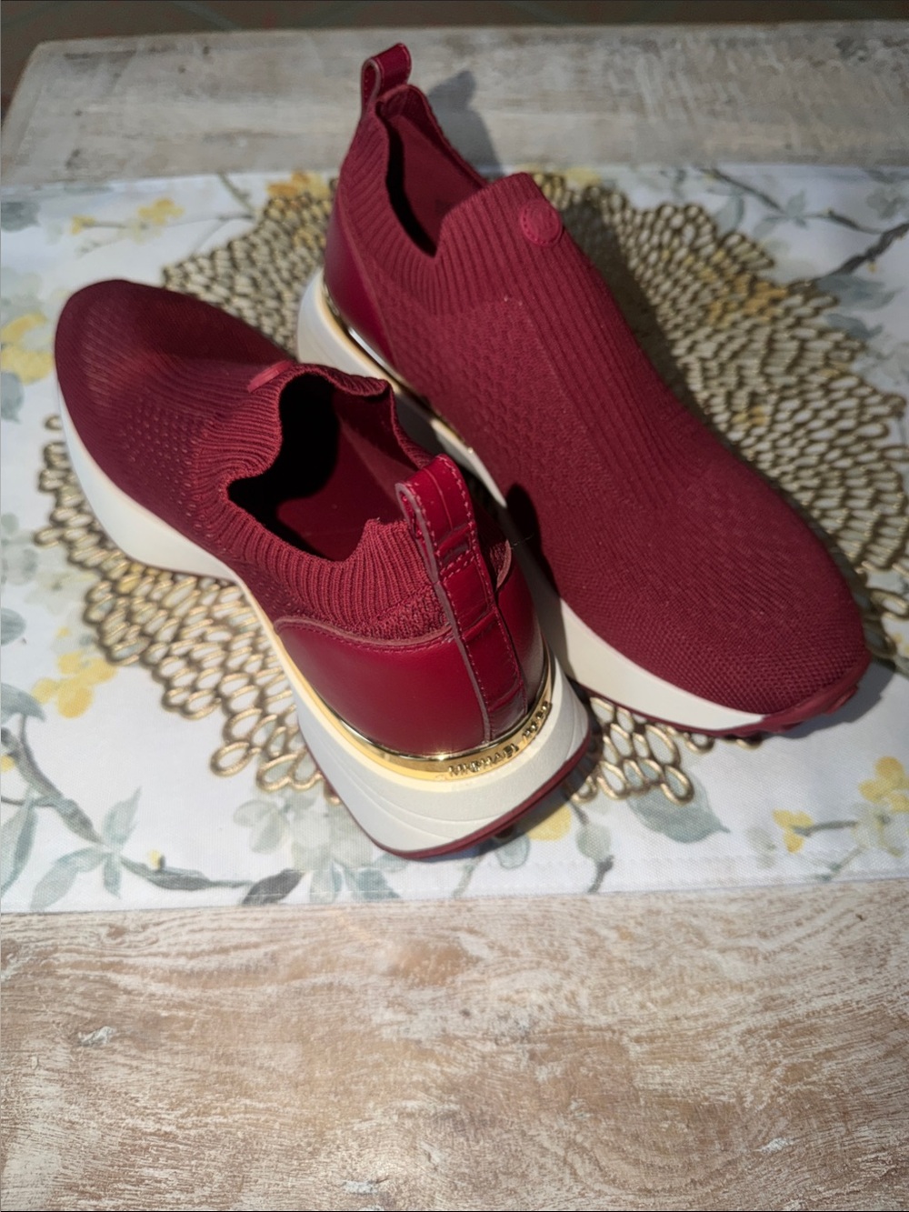 Michael Kors Burgundy Knit Slip-On Platform Sneakers with Gold Accent